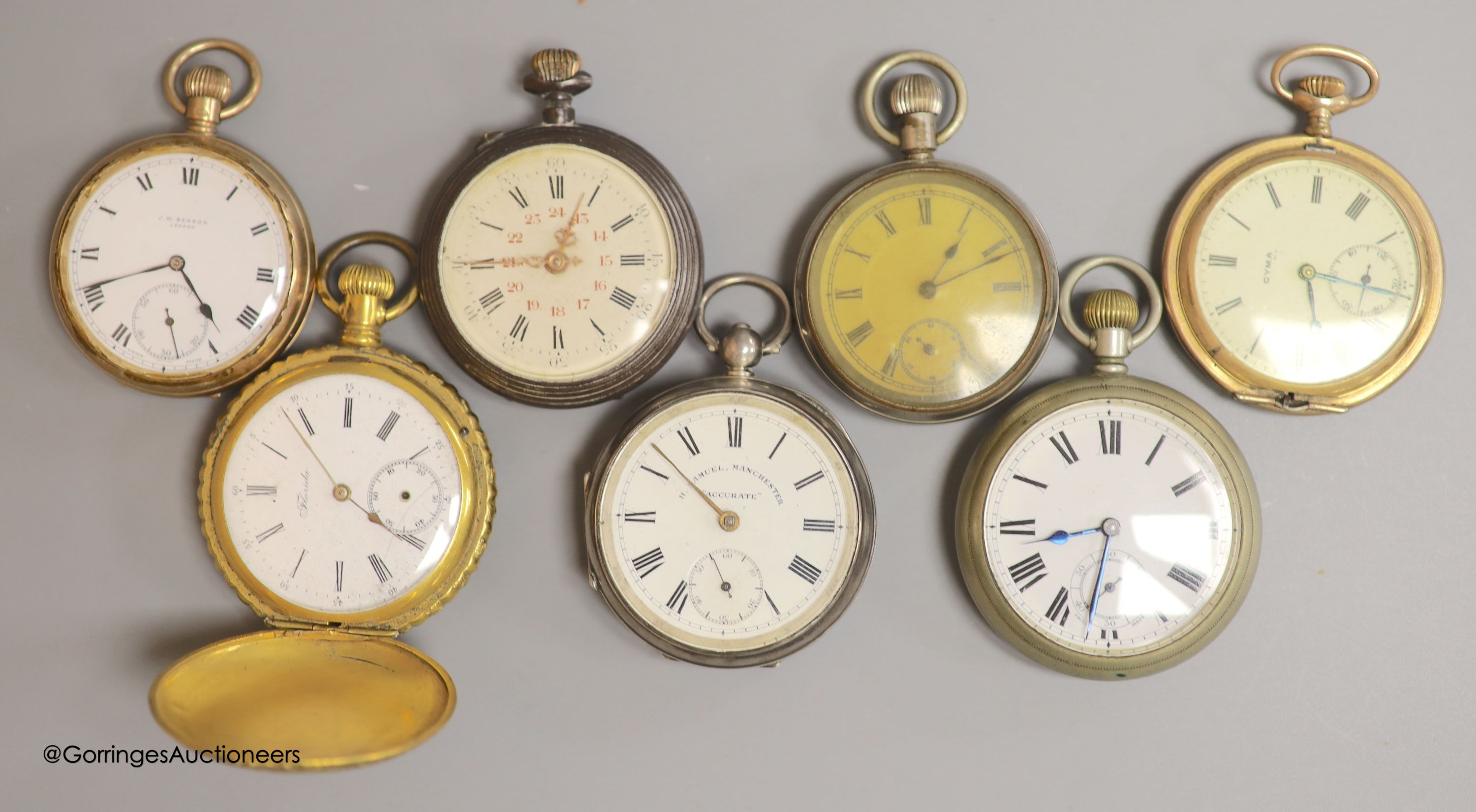 Seven assorted pocket watches including a 9ct gold open face J.W. Benson pocket watch, gross weight 83.3 grams, a silver open face pocket watch by H. Samuel, Manchester and five other gold plated or base metal pocket wat